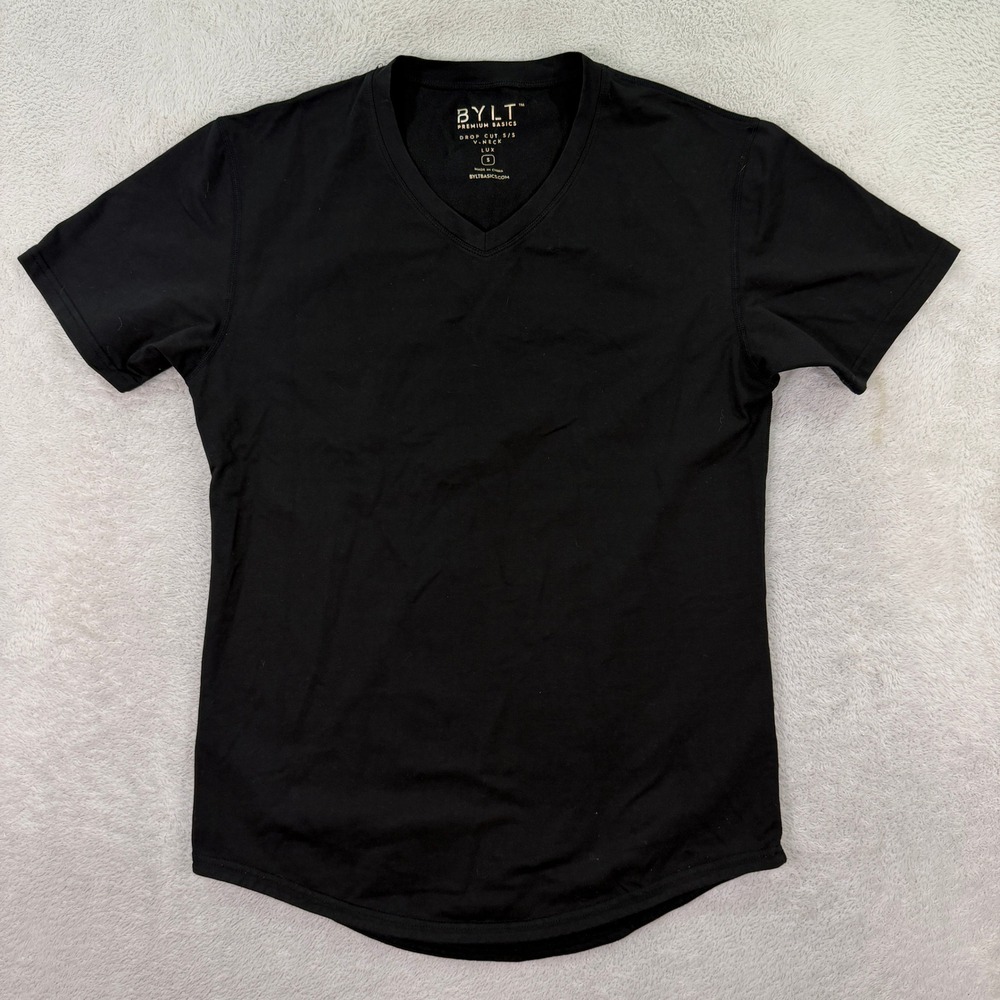 BYLT Mens Small Drop Cut V-Neck T-Shirt Black LUX Blend Athletic Fit Tee S/S - Picture 1 of 5